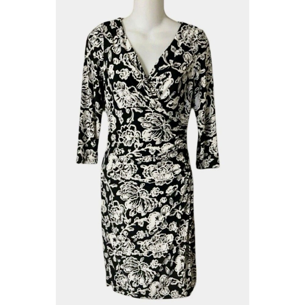 Lauren Ralph Lauren Floral V Neck Jersey Faux Wrap 3/4 Sleeve Midi Dress Size 2